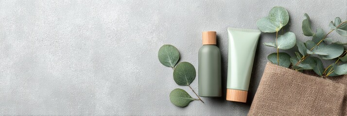 Cosmetic bottles with eucalyptus flowers towels and linen on pastel background top view flat lay natural organic skincare and spa concept perfect for beauty product branding body care wellness design
