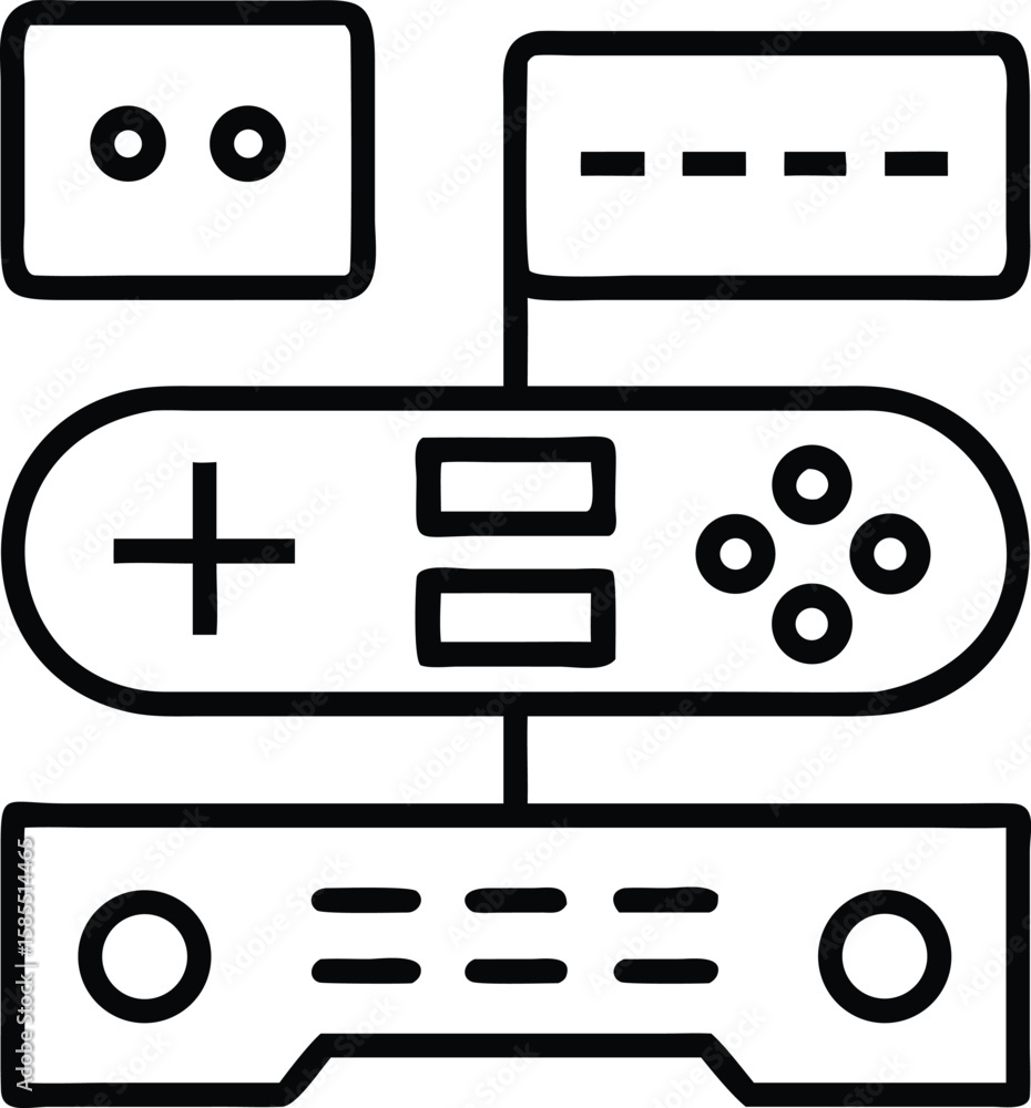 Poster game console outline with gamepad and connection icons for retro designs