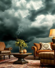 Dramatic Living Room with Ominous Storm Clouds Wallpaper Enhancing Interior Design