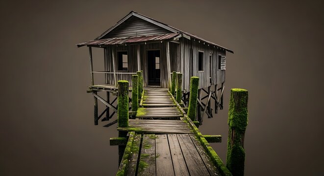 Weathered wooden house on stilts, connected to a dock, against a neutral backdrop.