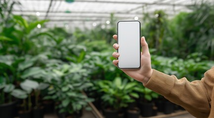 Gardener holding smartphone with blank screen in greenhouse