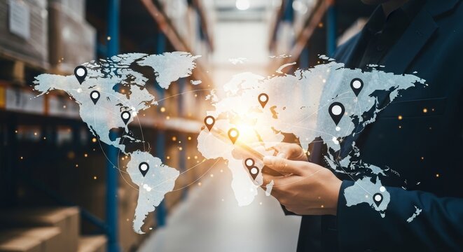 Business professional using smartphone in warehouse with world map and location markers overlay