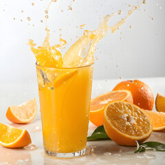 "Fresh Orange Juice Splash with Whole and Sliced Oranges"