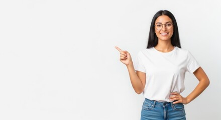 Young woman in casual attire smiling and pointing to the side against a plain white background