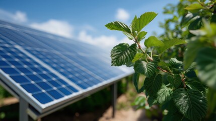 Fototapeta premium Green leaves growing near solar panels symbolizing sustainable energy and environmental conservation