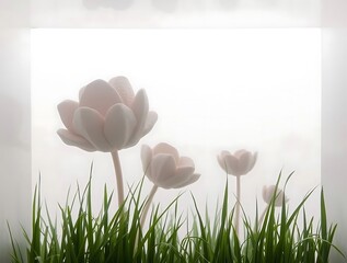 Elegant pink flowers and green grass against a pristine white background composition