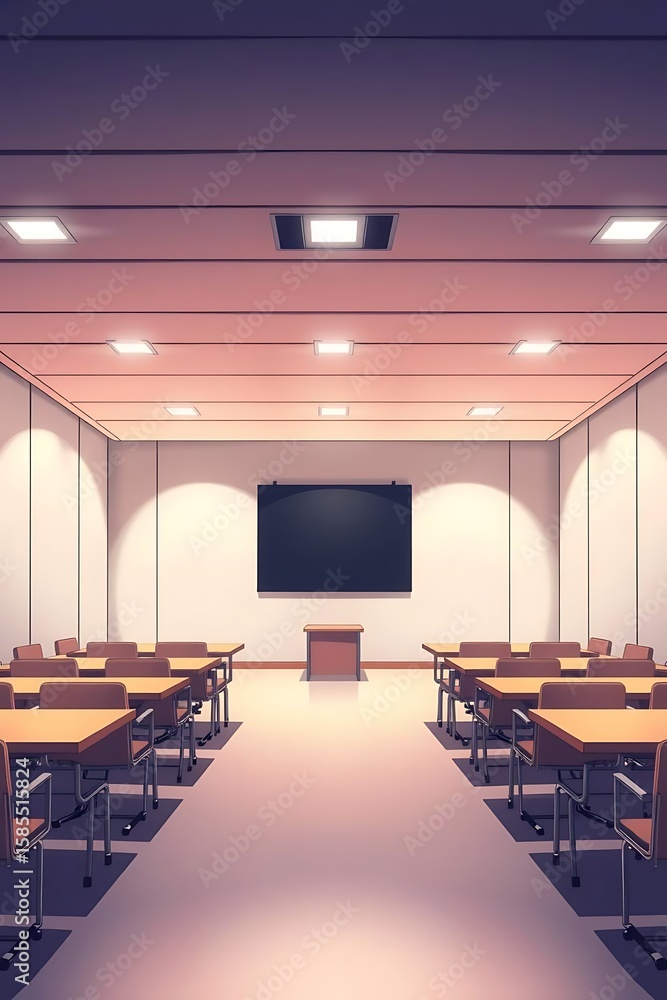 Poster empty classroom with desks and blackboard in a neatly arranged layout design