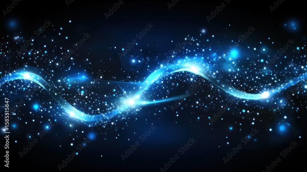 Poster dynamic blue light stream with sparkling particles on dark background