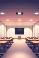 Empty Classroom with Desks and Blackboard in a Neatly Arranged Layout design