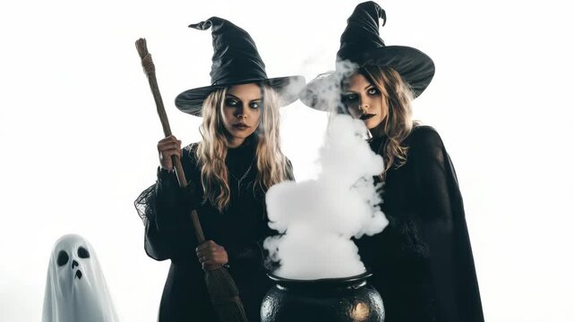 Witches preparing a potion in a haunting atmosphere