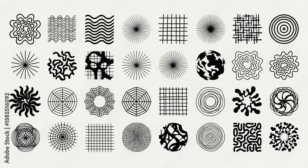 Poster a collection of intricate black and white geometric patterns showcasing various designs and textures