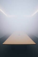 Ethereal meeting room in a misty, minimalist setting for creative collaboration and planning