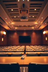 Empty conference room showcasing presentation setup awaiting the audience arrival