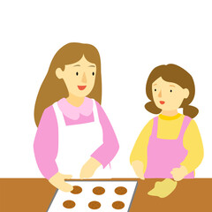mother and daughter baking cookies together. Flat vector illustration design