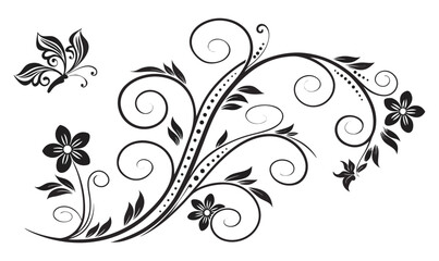 "Black Floral Vector with Butterfly Elegant Decorative Swirl Design"