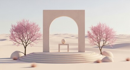 Minimalist desert landscape with arch and blooming trees