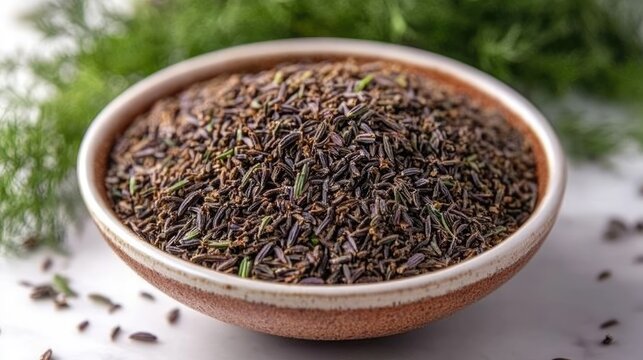 Close-up of black cumin seeds in a bowl, showcasing the spice's texture and color used in culinary