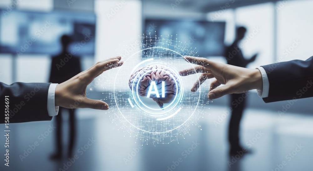 Aufkleber business professionals collaborating on ai technology in a modern office setting with digital visual