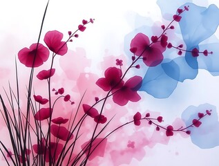 Floral watercolor painting in pink and blue hues, depicting abstract beauty and artistic expression