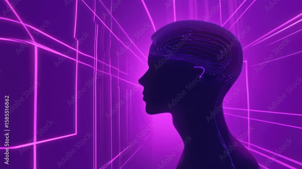 Poster human head silhouette with circuit board design, symbolizing artificial intelligence and connection 