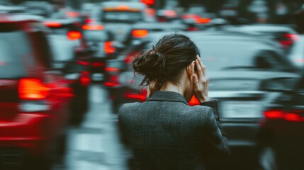 Woman Distressed in City Traffic