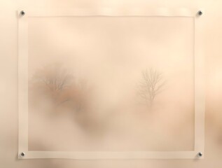 Framed foggy landscape view, minimalist wall art featuring trees in soft focus