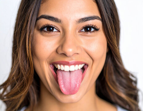 Una mujer joven morena sonriente sacando la lengua con expresion divertida y alegre sobre fondo blanco en el dia mundial de sacar la lengua