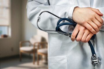 Close-up of doctor in white medical coat with stethoscope, cropped professional figure representing medicine, health care, regular check-ups, prevention and medical diagnostics concept.