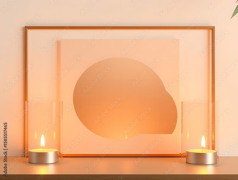Poster minimalist framed artwork with warm gradient, illuminated by soft candlelight glow creating a
