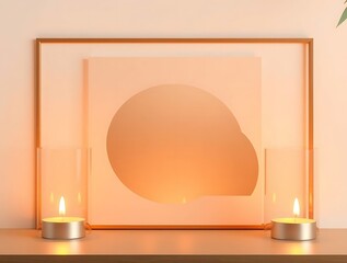 Minimalist framed artwork with warm gradient, illuminated by soft candlelight glow creating a