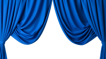 Elegant royal blue velvet curtains tied back with a gentle drape isolated on transparent background