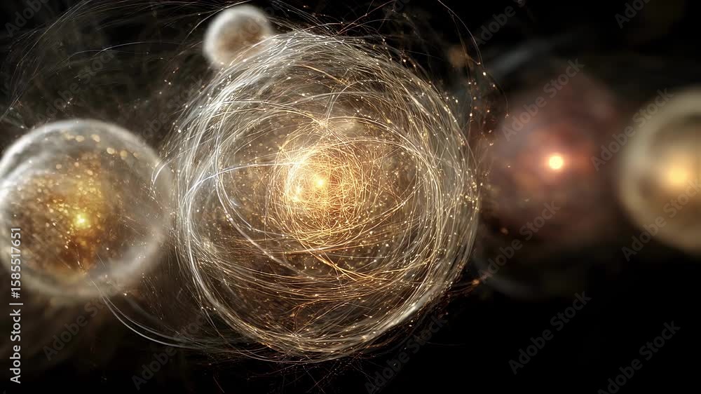 Poster golden particles are flowing and swirling around a brightly illuminated sphere, creating a mesmerizi
