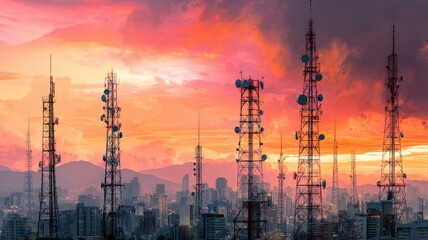 Sunset skyline with silhouetted communication towers. Neural network AI generated