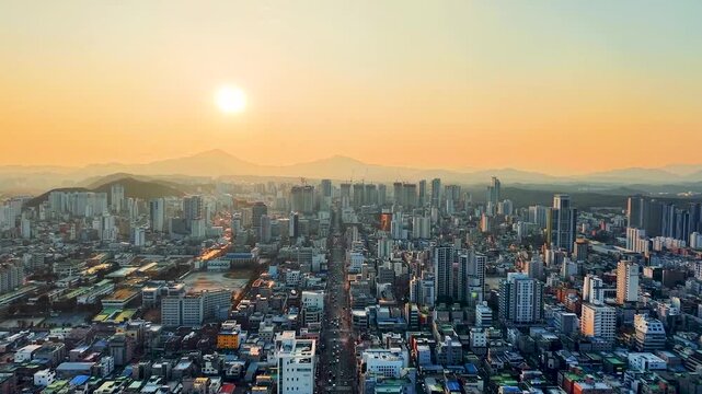 Dramatic cityscape view featuring urban skyline at sunset in Gwangju, South Korea