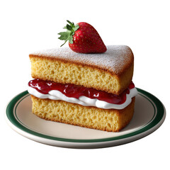 Delicious victoria sponge cake slice with strawberry and cream isolated on transparent background
