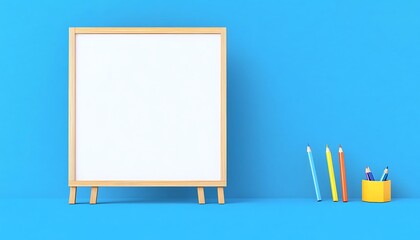 Wooden Blank Whiteboard with Colored Pencils on Blue Background