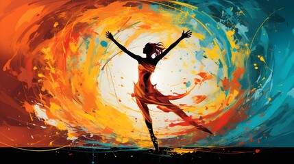 Silhouette of a dancing woman with colorful, abstract background.