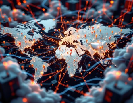 visualization of iot botnets generating massive ddos attacks, overwhelming global networks with billions of fake requests.