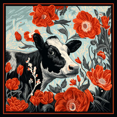 Cute black and white cow with poppy flowers decorative design, natural floral pattern with animal, lovely cow or young calf, beautiful plants and flowers with nice vibrant colors on blue background