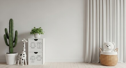 Minimalist interior design featuring a potted cactus, decorative giraffe, and storage basket in a serene room