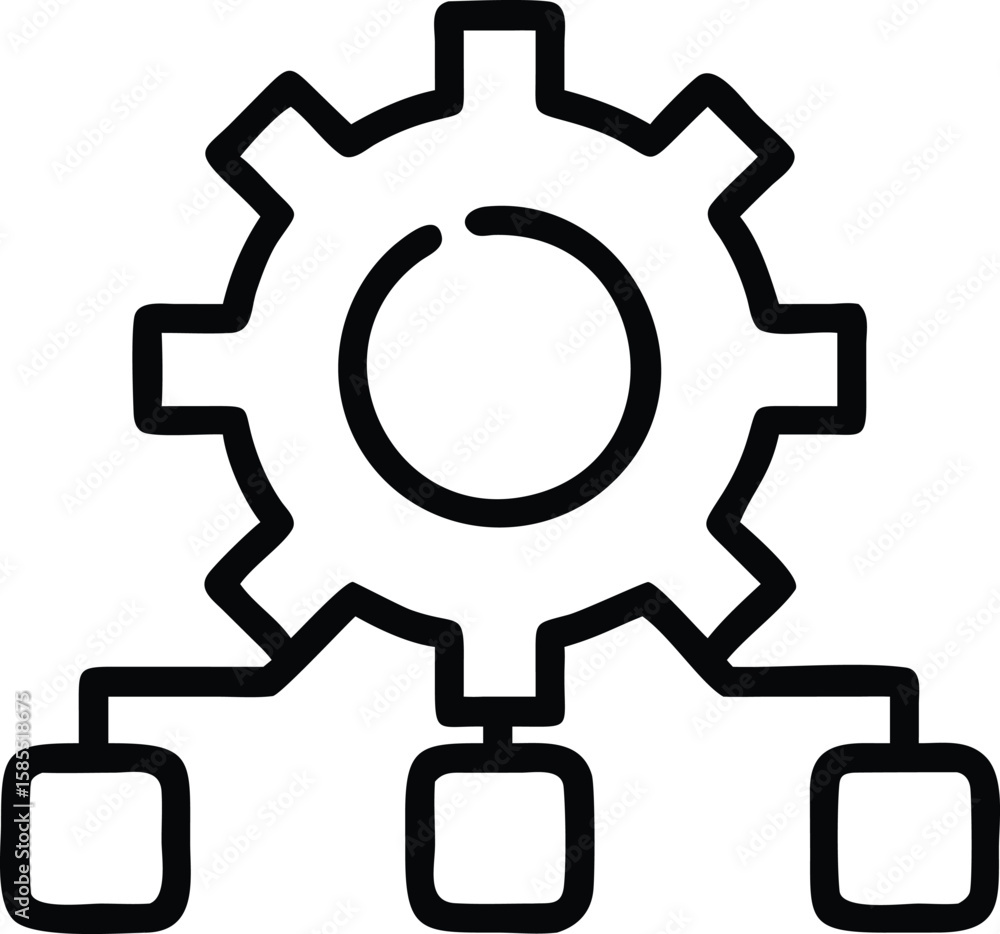 Poster gear with connected nodes in outline style, network configuration process illustration