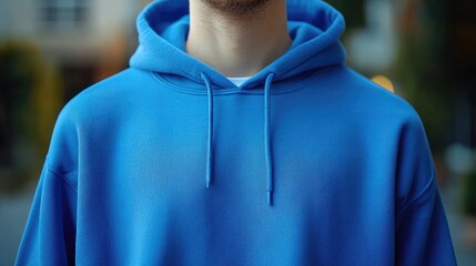 Close-up shot of a man wearing a stylish blue hoodie perfect for urban lifestyle content