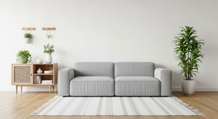 Modern living room with gray sofa, wooden furniture, indoor plants, and minimalist decor