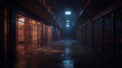 Dimly lit prison corridor, bars and shadows. Neural network AI generated