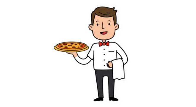 Friendly Cartoon Waiter Serving Pizza Sticker