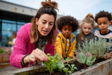 Teacher and children planting herbs together in outdoor raised garden beds