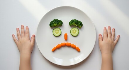 Vegetable Sad Face Food Art with Broccoli, Carrots, and Cucumber on a Plate