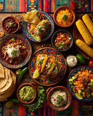 Stół zastawiony meksykańskimi daniami – tacos, nachos, guacamole, salsa i inne kolorowe potrawy idealne na spotkanie, imprezę lub rodzinny obiad.

