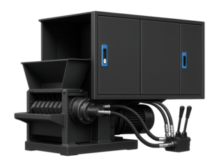 Hydraulic-driven pallet shredder with a soundproof enclosure for indoor use in a manufacturing plant.