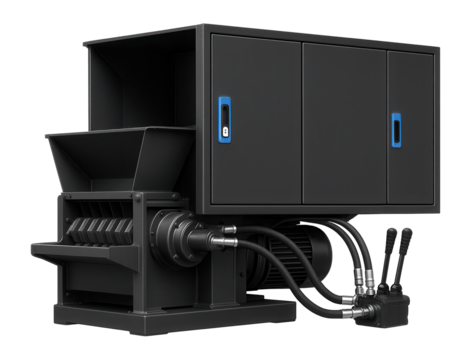 Hydraulic-driven pallet shredder with a soundproof enclosure for indoor use in a manufacturing plant.